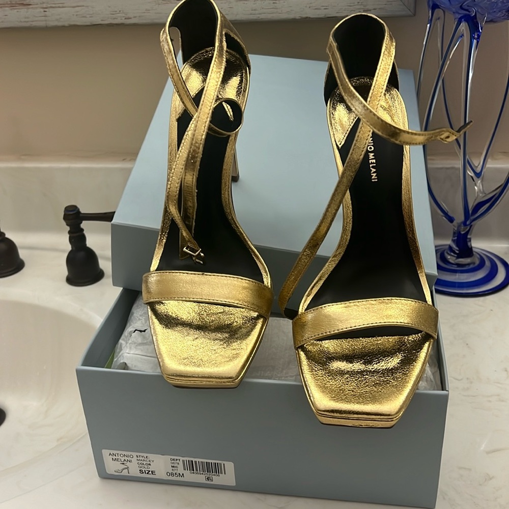ANTONIO MELANI Gold Metallic Strappy Heeled Sandals